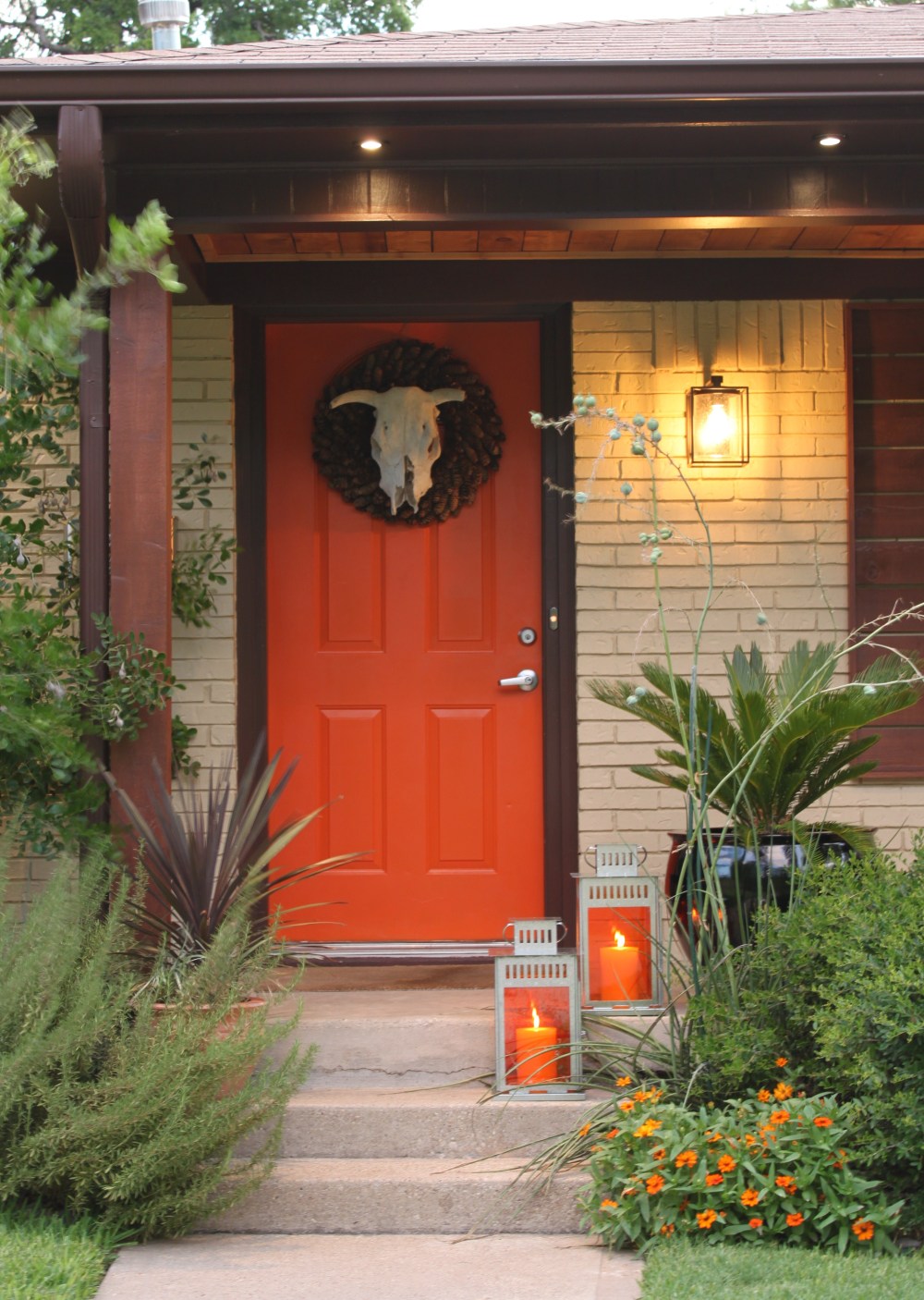 Orange front Door With Ikea Lanterns
