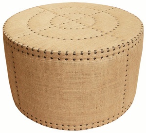 Burlap Round Ottoman with Brass Tacks