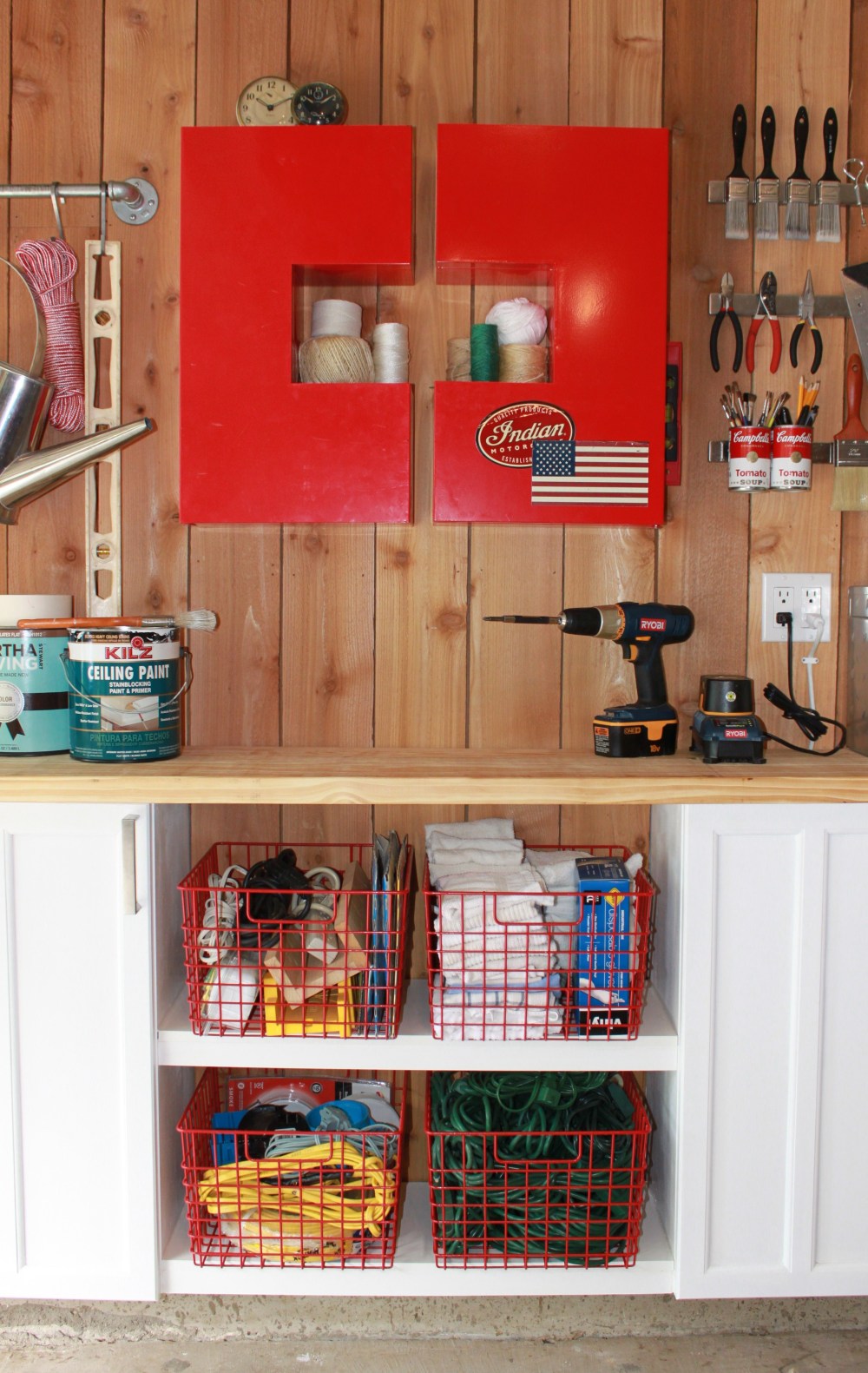 Red C Cabinets with Custom Open Shelves