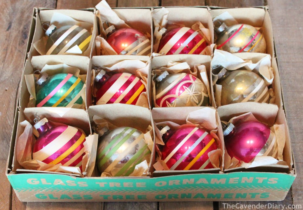 Box of Vintage Striped Shiny Brite Ornaments