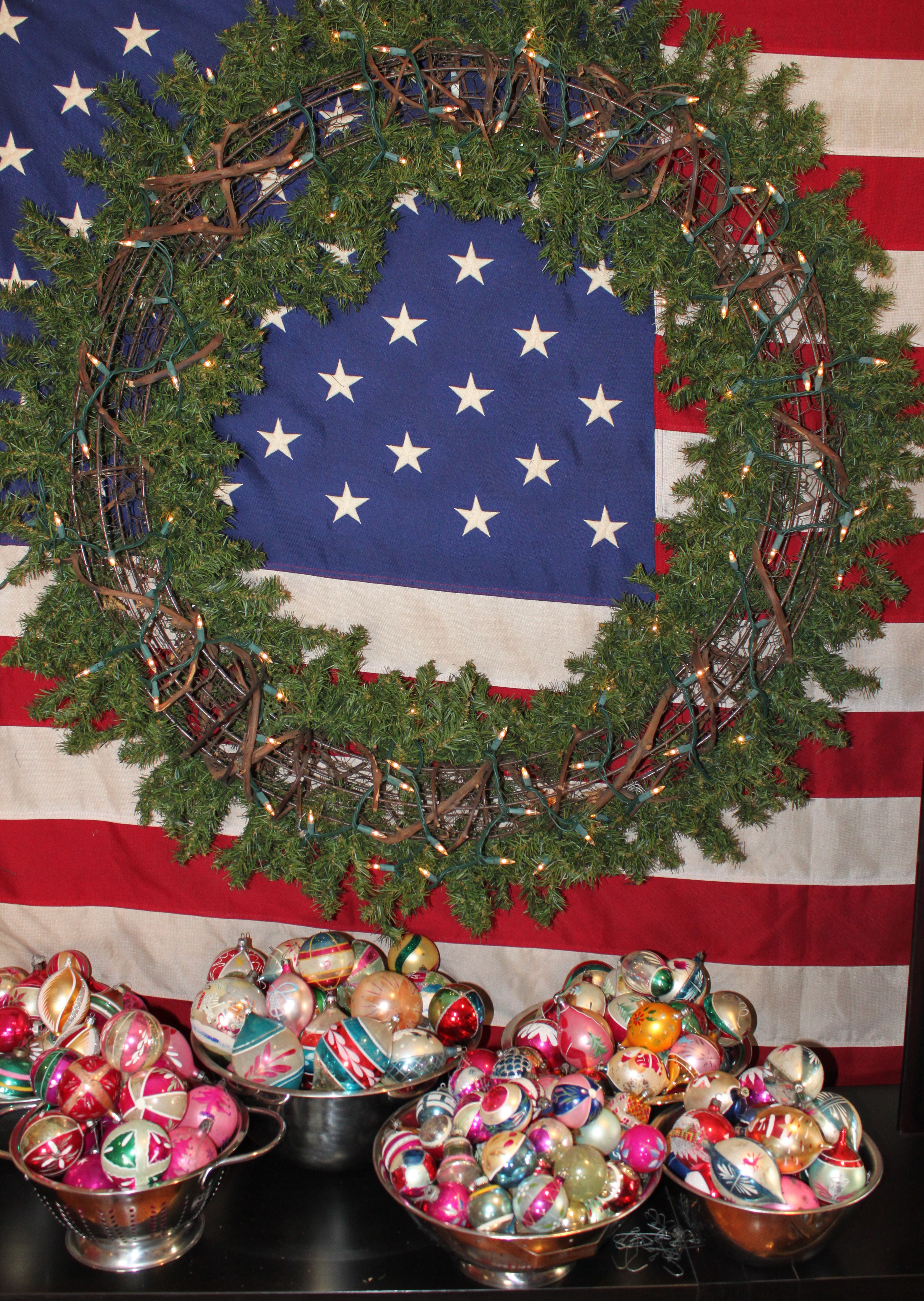 Wreath Form with Bowls of Vintage Ornaments