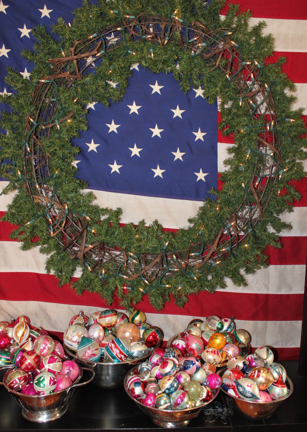 Wreath Form with Bowls of Vintage Ornaments
