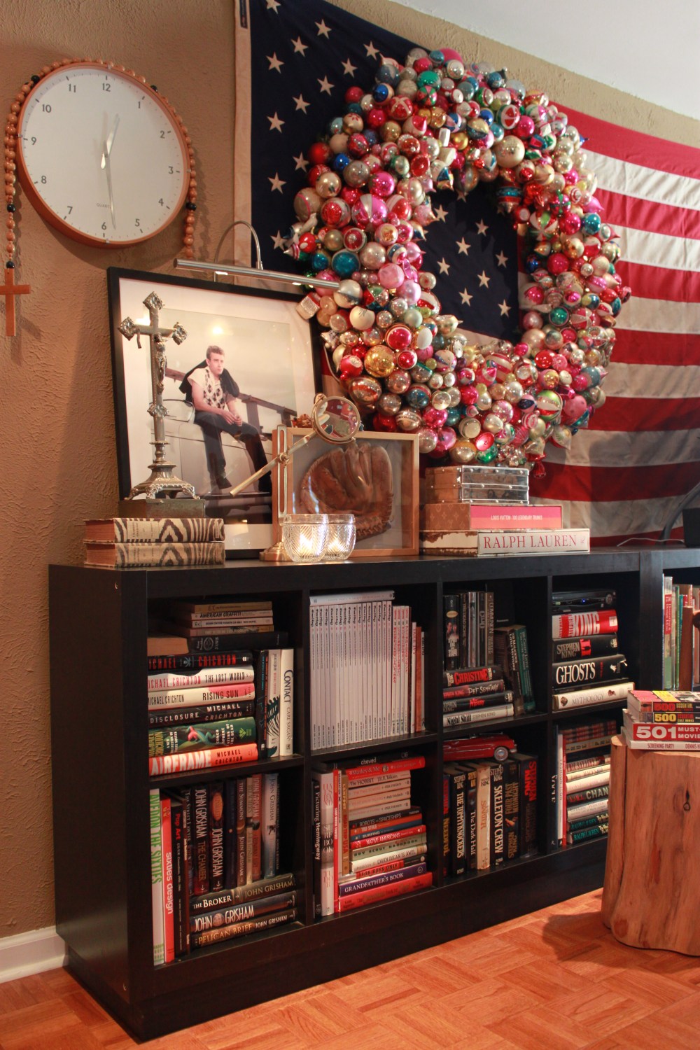 Side of TV Console with Big Ornament Wreath