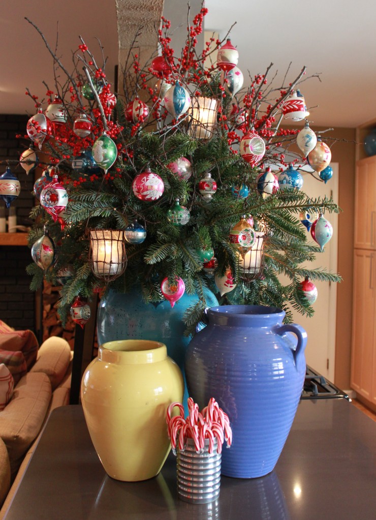 Oil Jar full of Branches, Vintage Ornaments, and Votives