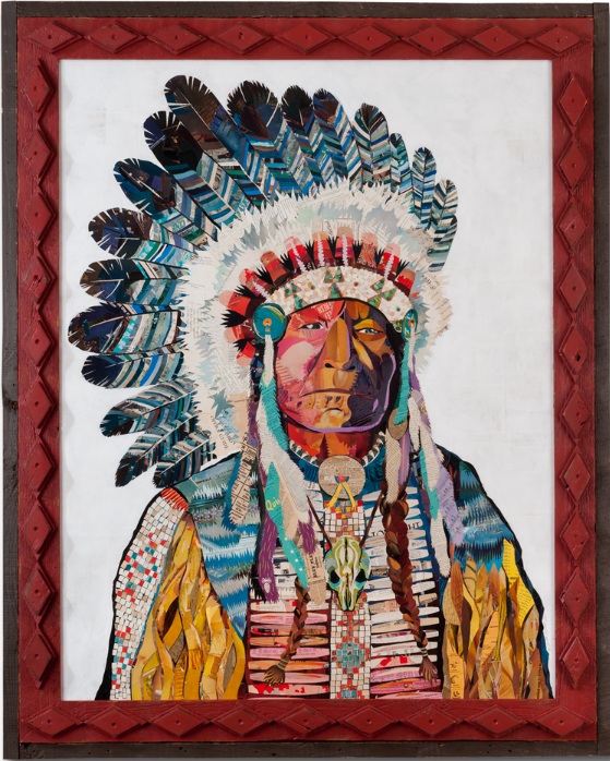 Mosaic American Heritage Chief in Tramp Art Frame