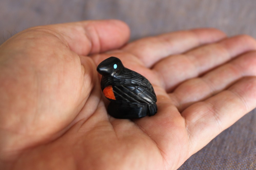 Jet Red Winged Balckbird Fetish with Coral and Turquoise Inlay