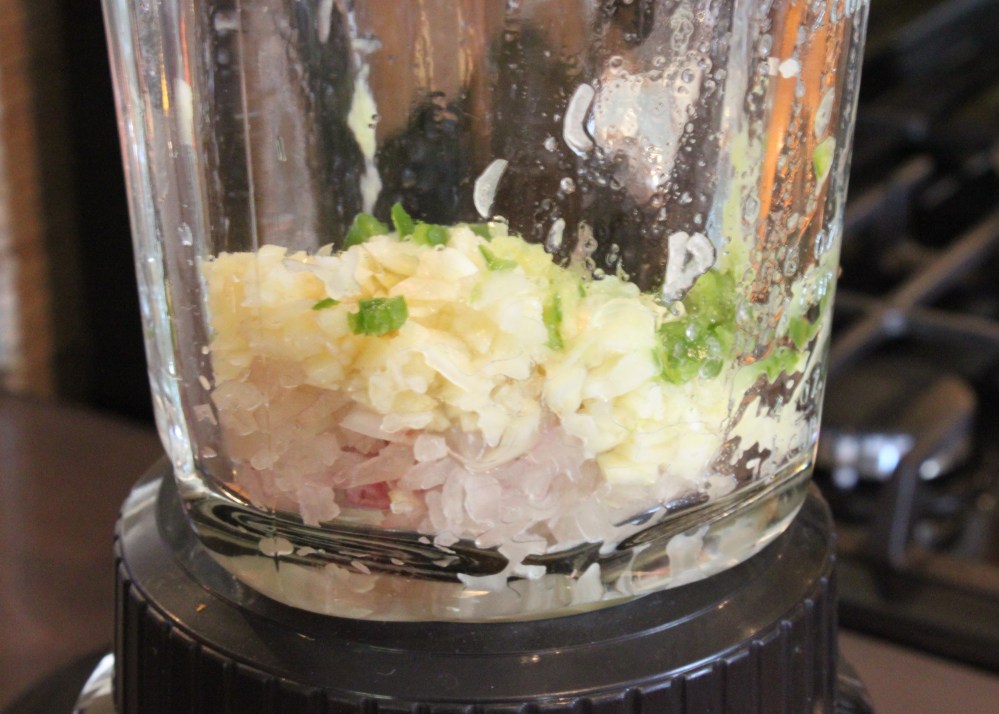 Blend the Shallots, Garlic and Serano First