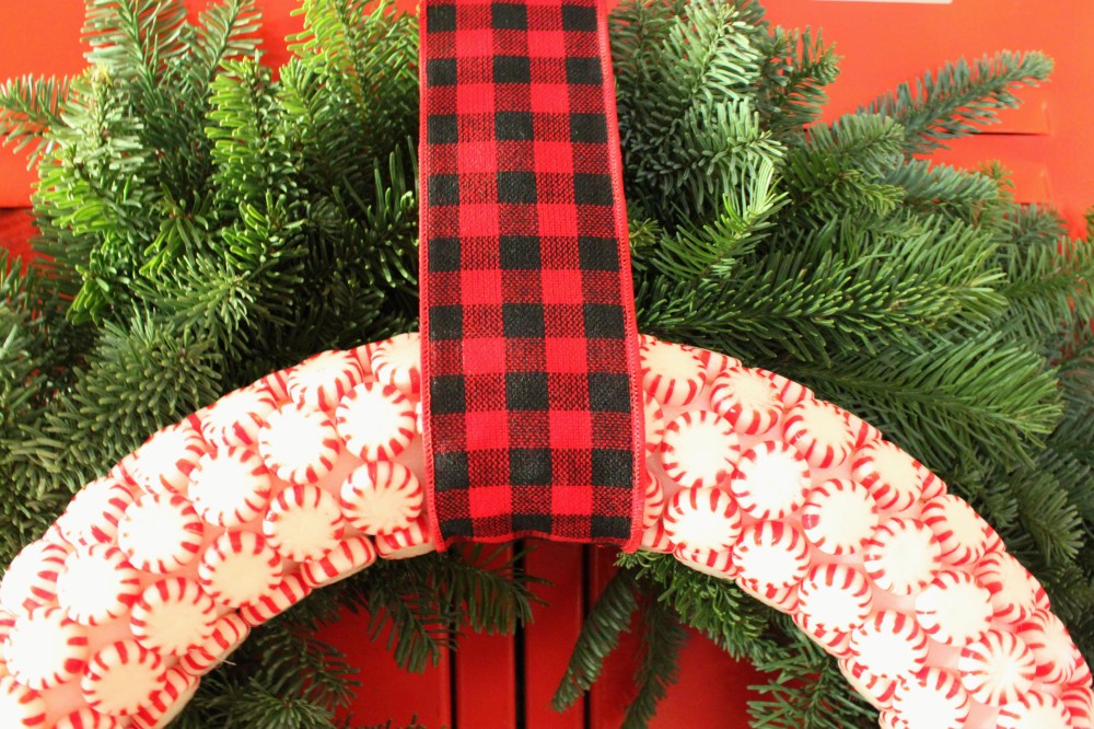 Close Up of Peppermint Candy Wreath on Lockers In Den