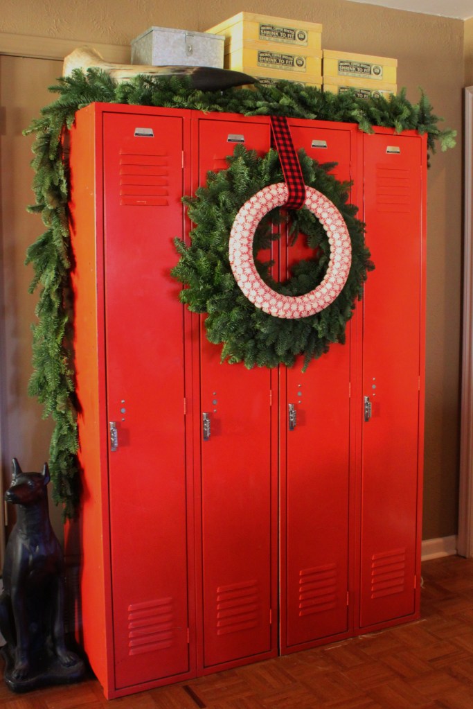 Peppermint Candy Wreath on Lockers in the Den