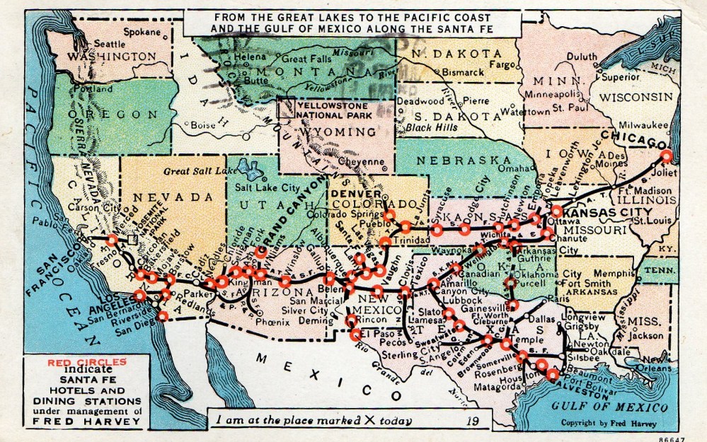 Fred Harvey Stop Locations on a Vintage Postcard