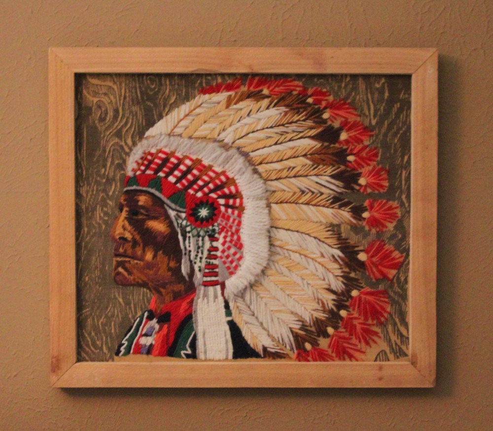 1970's Crewel Work Indian Chief in Cedar Frame