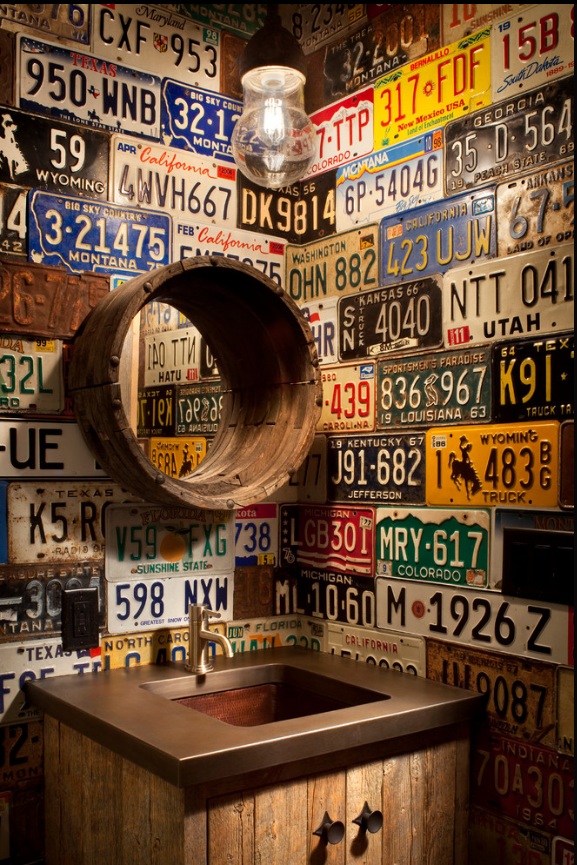 Bathroom Walls Plastered in License Plates