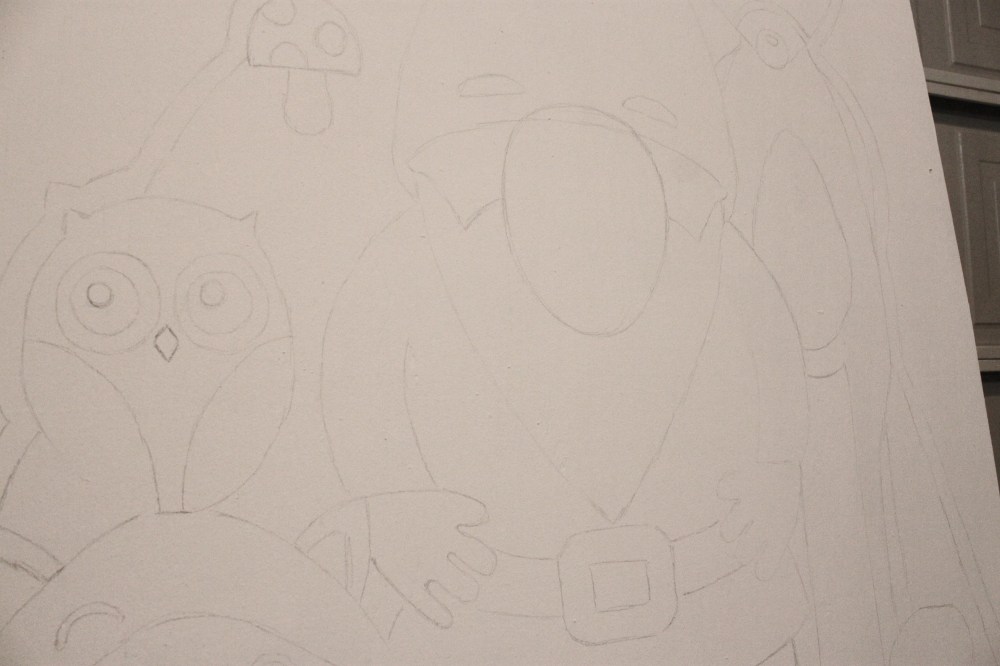 Close-Up of the Sketched Gnome on the Primed Plywood