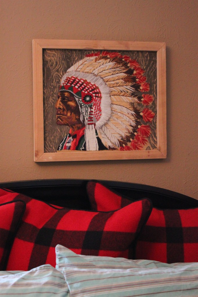 Crewel Work Indian Chief Over Guest Bed