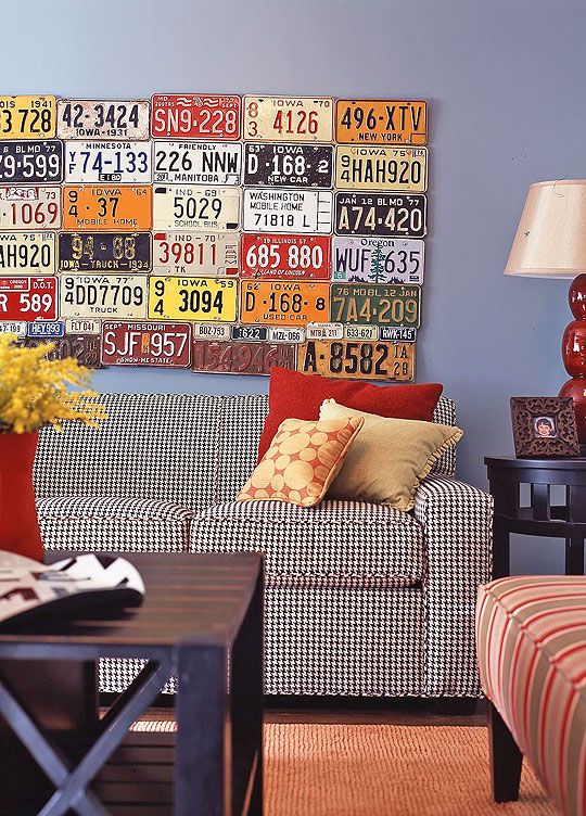 License Plate art in Traditional Living Room