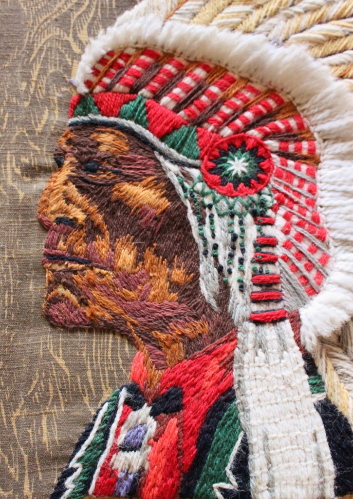 Crewel Work Indian Chief Close-Up on Face