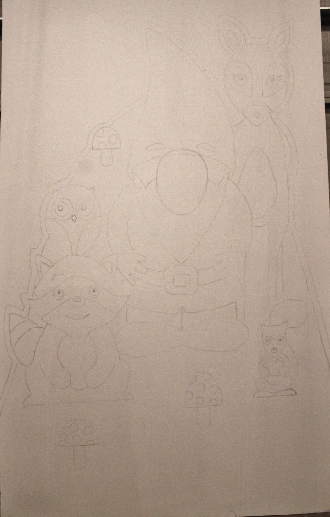 Sketched Gnome and Woodland Animals on the Primed Plywood