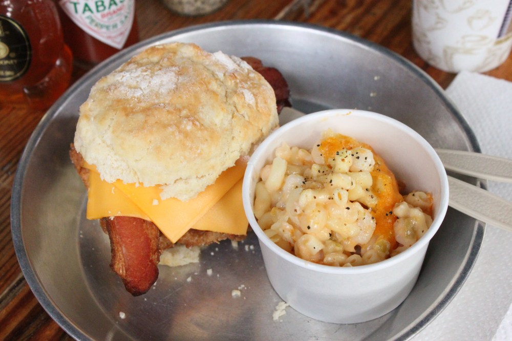 The Foundry Chicken Biscuit and Mac-N-Cheese with Hominy and Green Chilis at Chicken Scratch