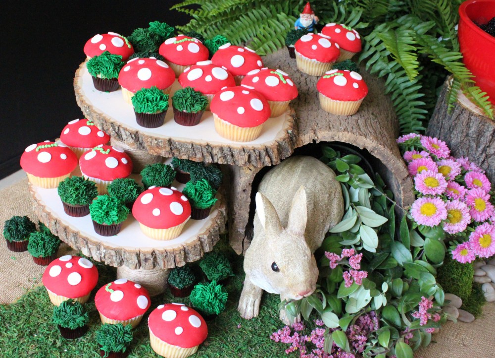 Woodland Theme Party with Mushroom Cupcakes on the Log Risers