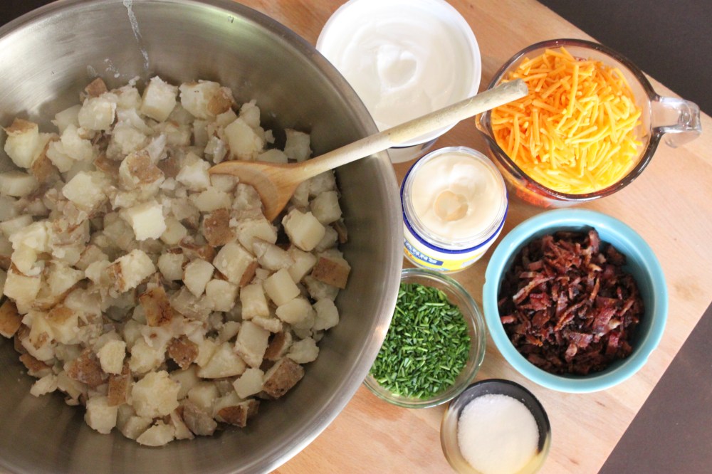All the Ingredients for Loaded Baked Potato Salad