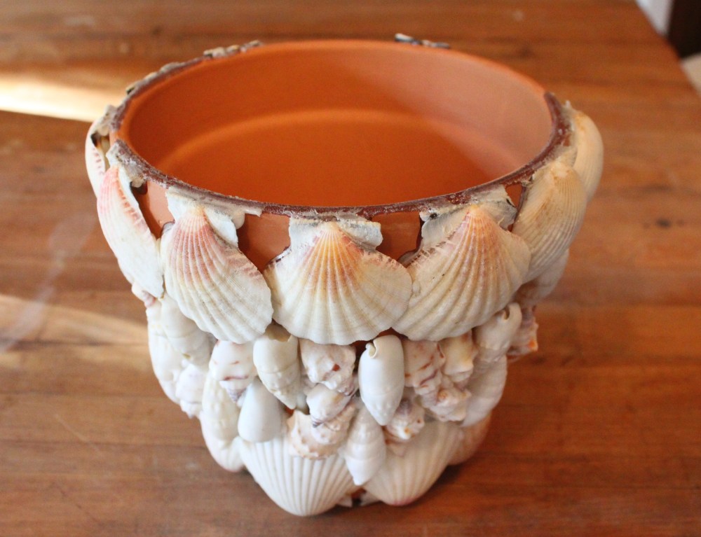 Store Bought Terracotta Pot with Shells Glued All Over it