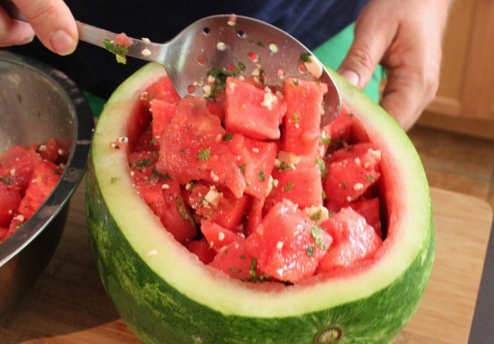 Gently Scoop Your Salad into the Watermelon Shell