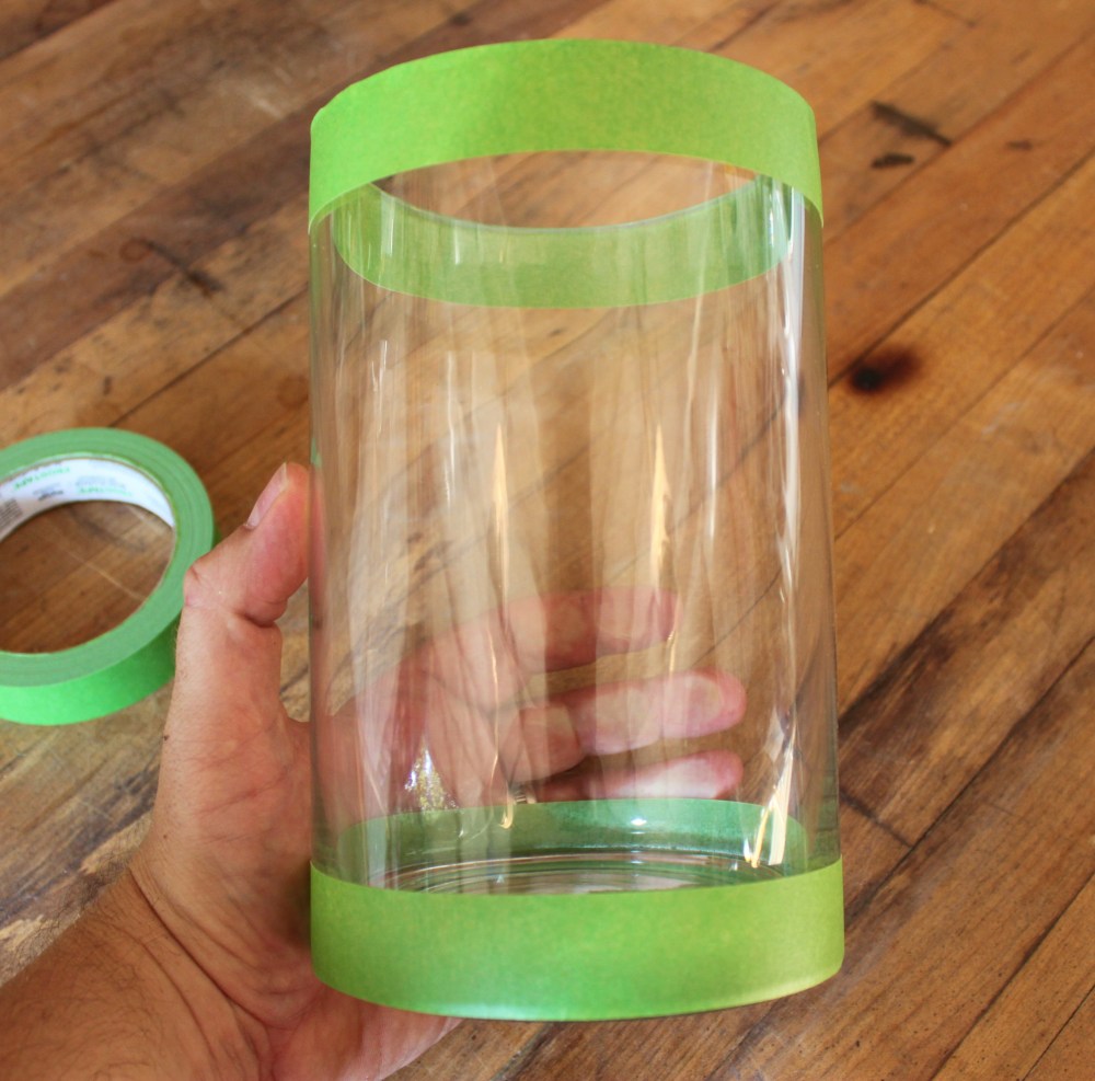 Glass Cylinder Vase with Frog Taped Around the Edges