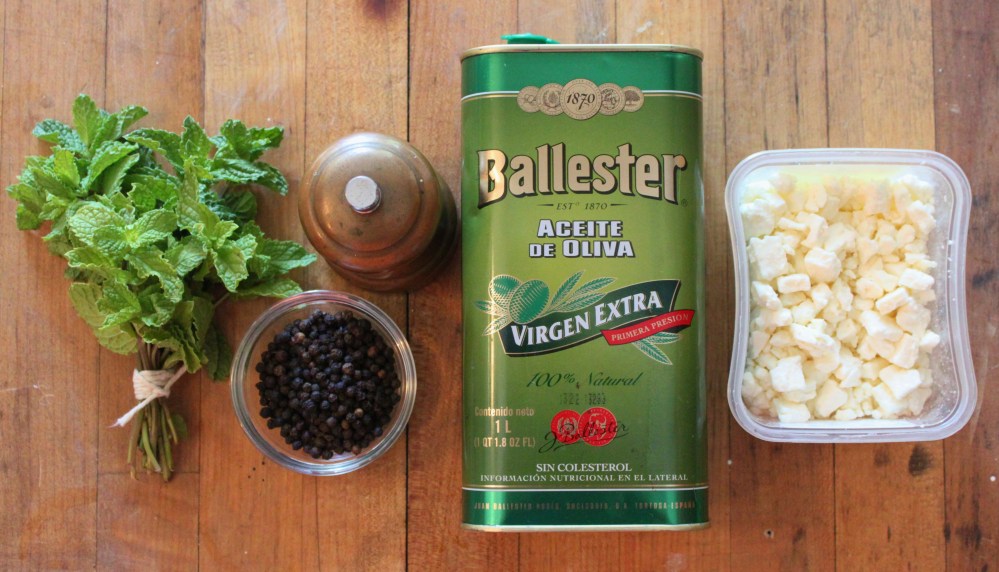 Mint, Pepper, Olive Oil and Feta for Watermelon Salad