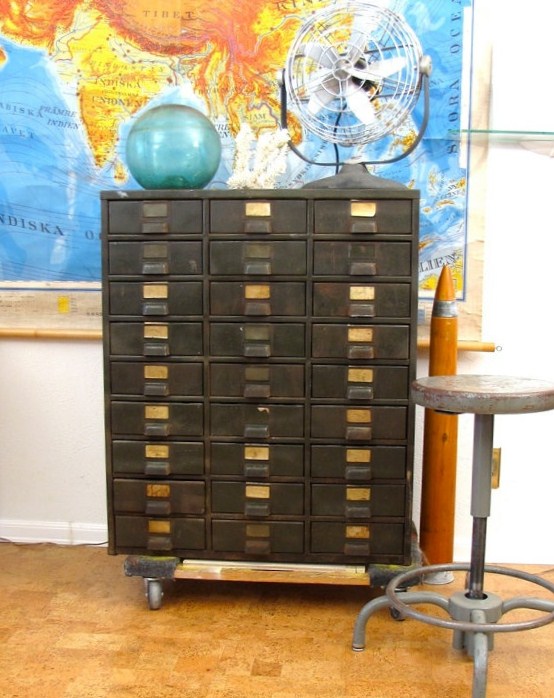 Old Card Catalog in Front of Vintage School Chart