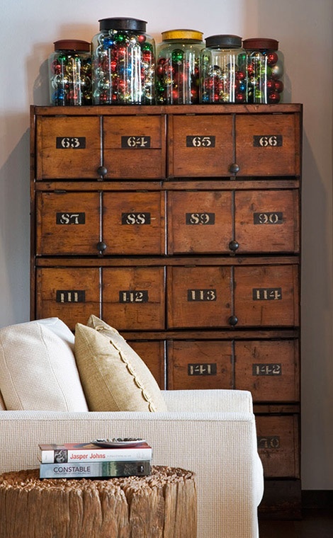 Vintage Card Catalog with Jars of Old Ornaments
