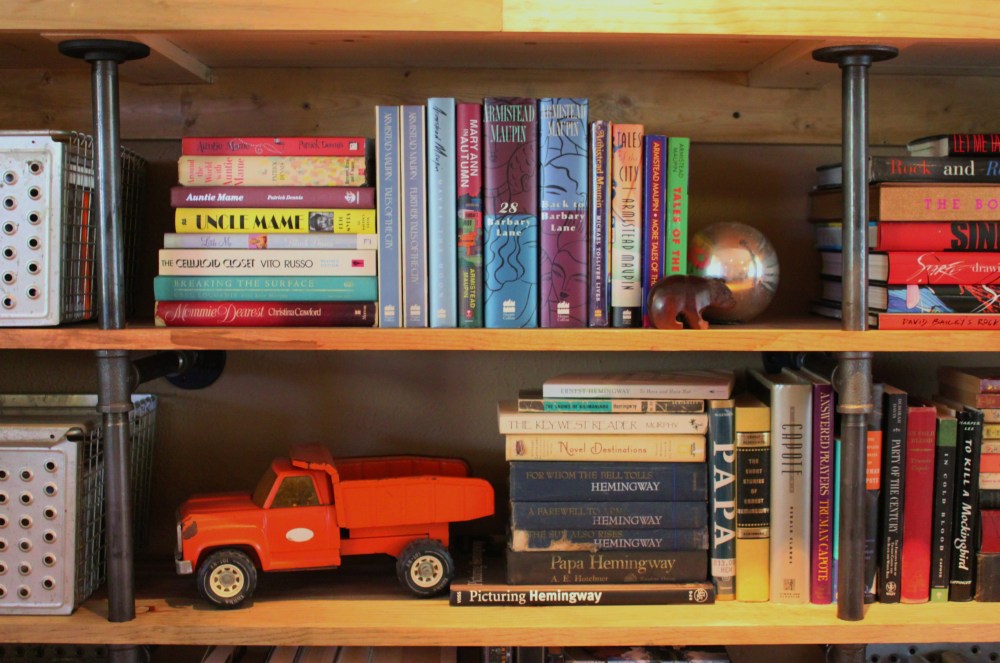 Books on the Plumbing Pipe Shelves in the Cavender Living Room