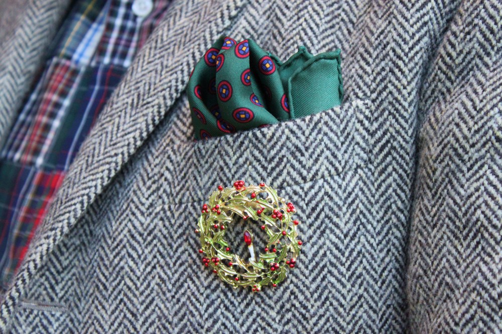 Dime Store Christmas Pin on Tweed Jacket
