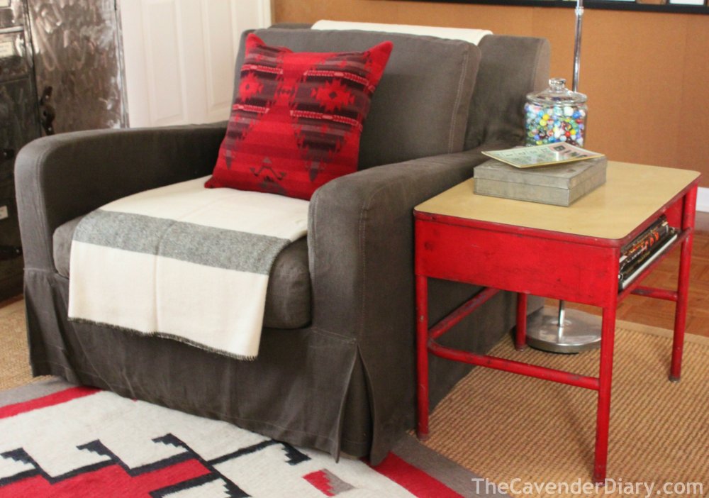 Slipcovered Chair with Red School Desk as Side Table