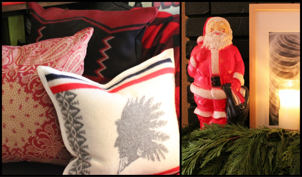Layered Pillows and Vintage Plastic Santa Light Collage