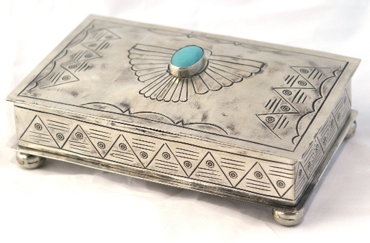 Navajo Style Stamped Rectangular Box with Turquoise