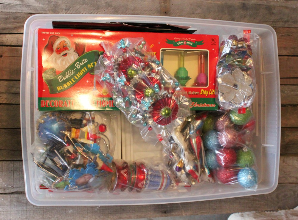 Tub full of Zip-Locked Ornaments for the Christmas Tree