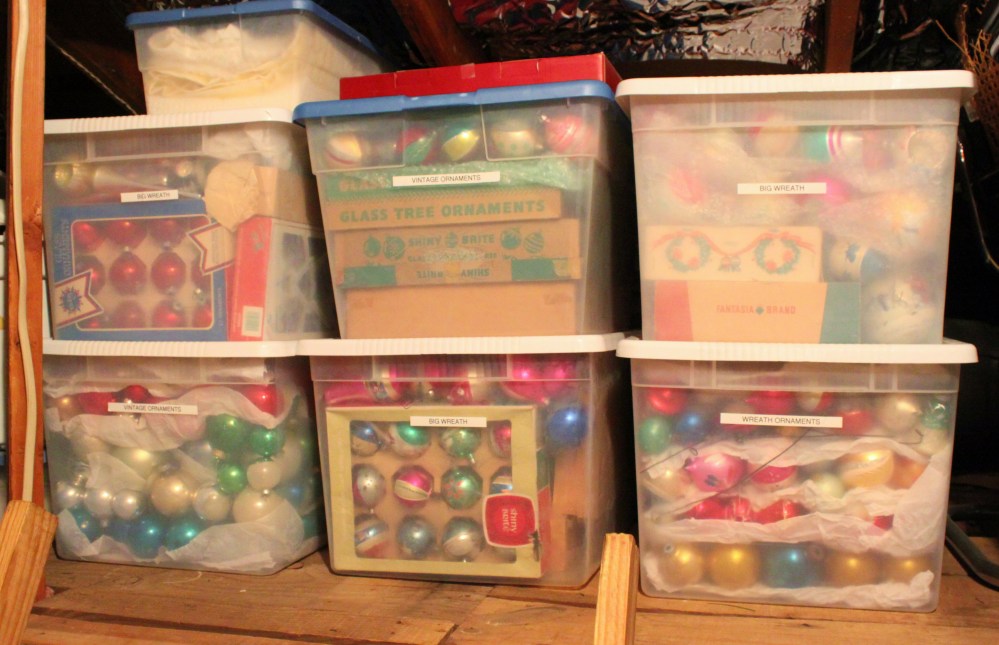 Vintage Ornaments in Tubs are Stacked in the Attic