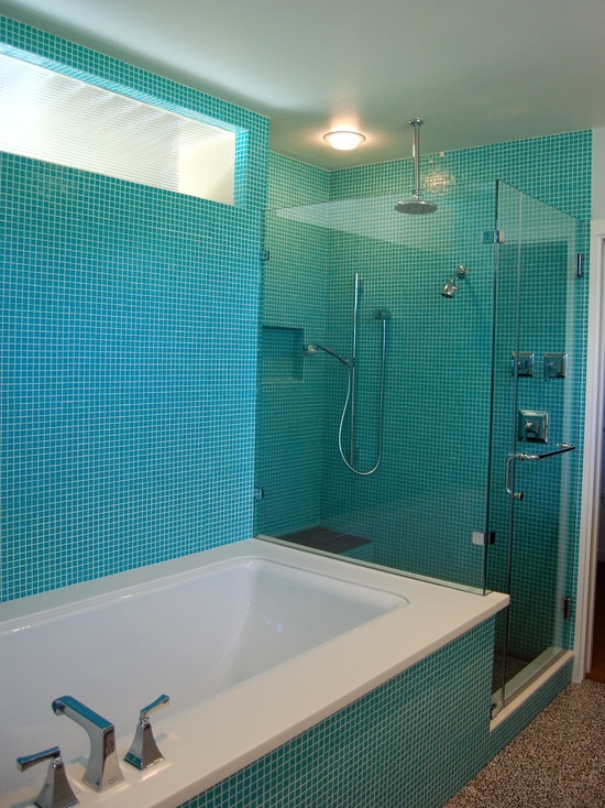 Modern Bathroom with Turquoise Square tiles