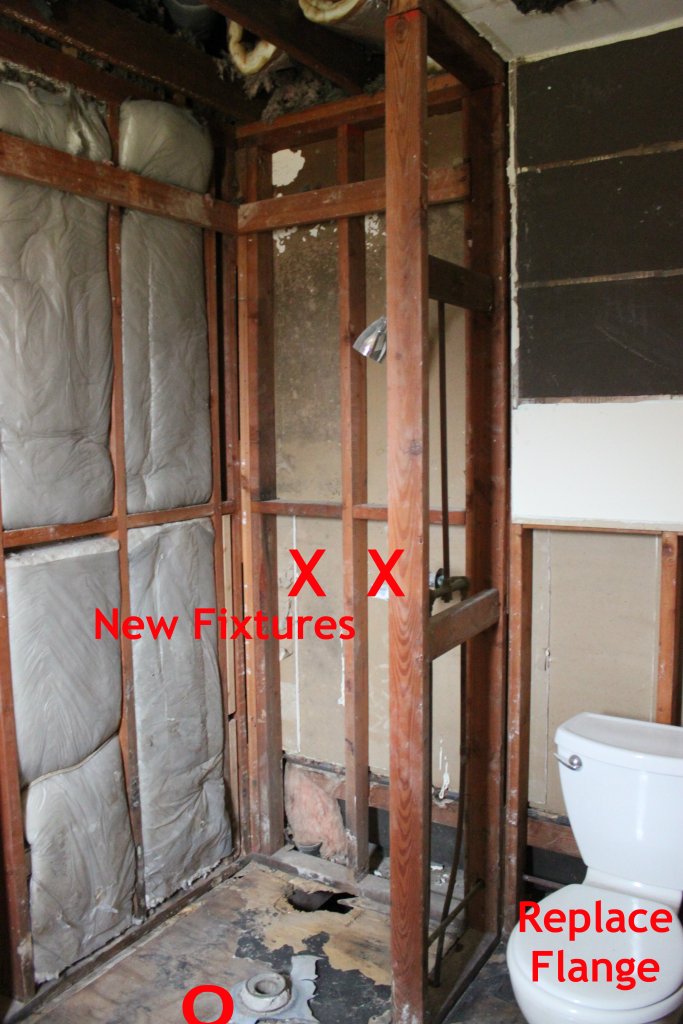 Move the Shower Lines to other Wall and Replace Toilet Flange