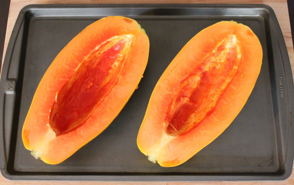 Sliced Papaya Ready to go Under the Broiler