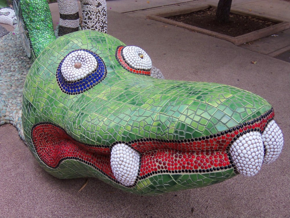 The Nikigator mosaic dragon sculpture outside the Mingei International Museum