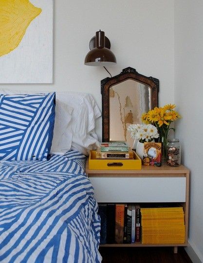 Nightstand with Big Ol' Stack of National Geographics