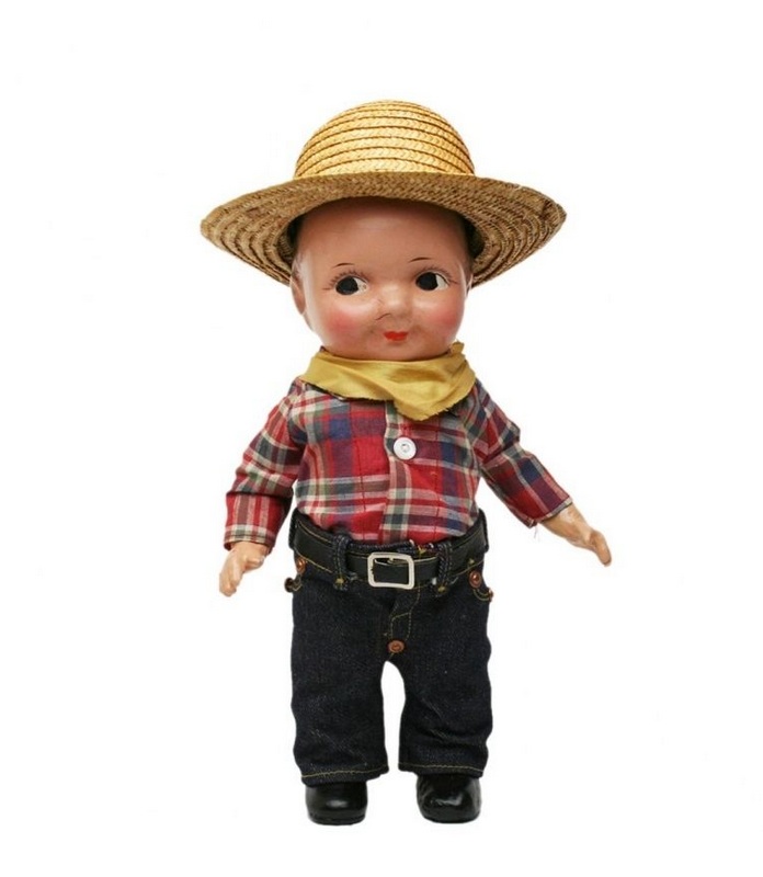 Buddy Lee Doll in Red Plaid Shirt and Straw Hat
