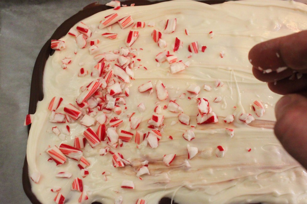Sprinkle the Broken Peppermint Candy Pieces over the Melted White Chocolate