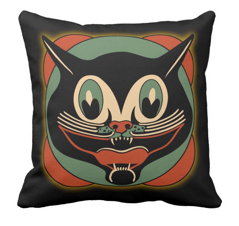 Vintage Halloween Black Cat Pillow