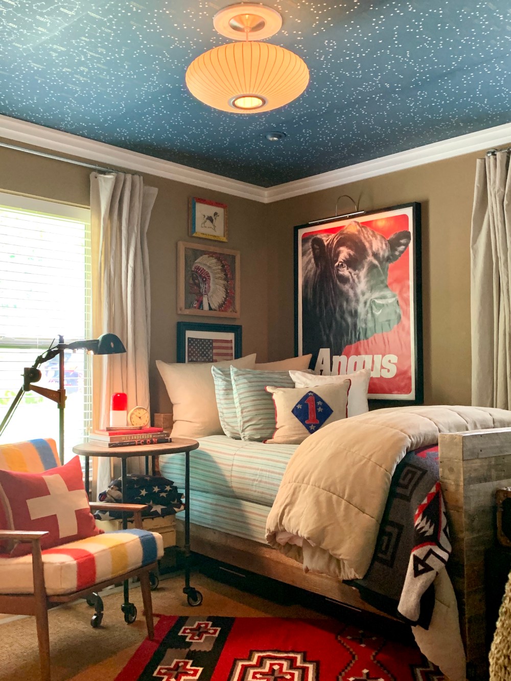 Corner of Guest Room with Ralph Lauren Northern Hemisphere Wallpaper on Ceiling