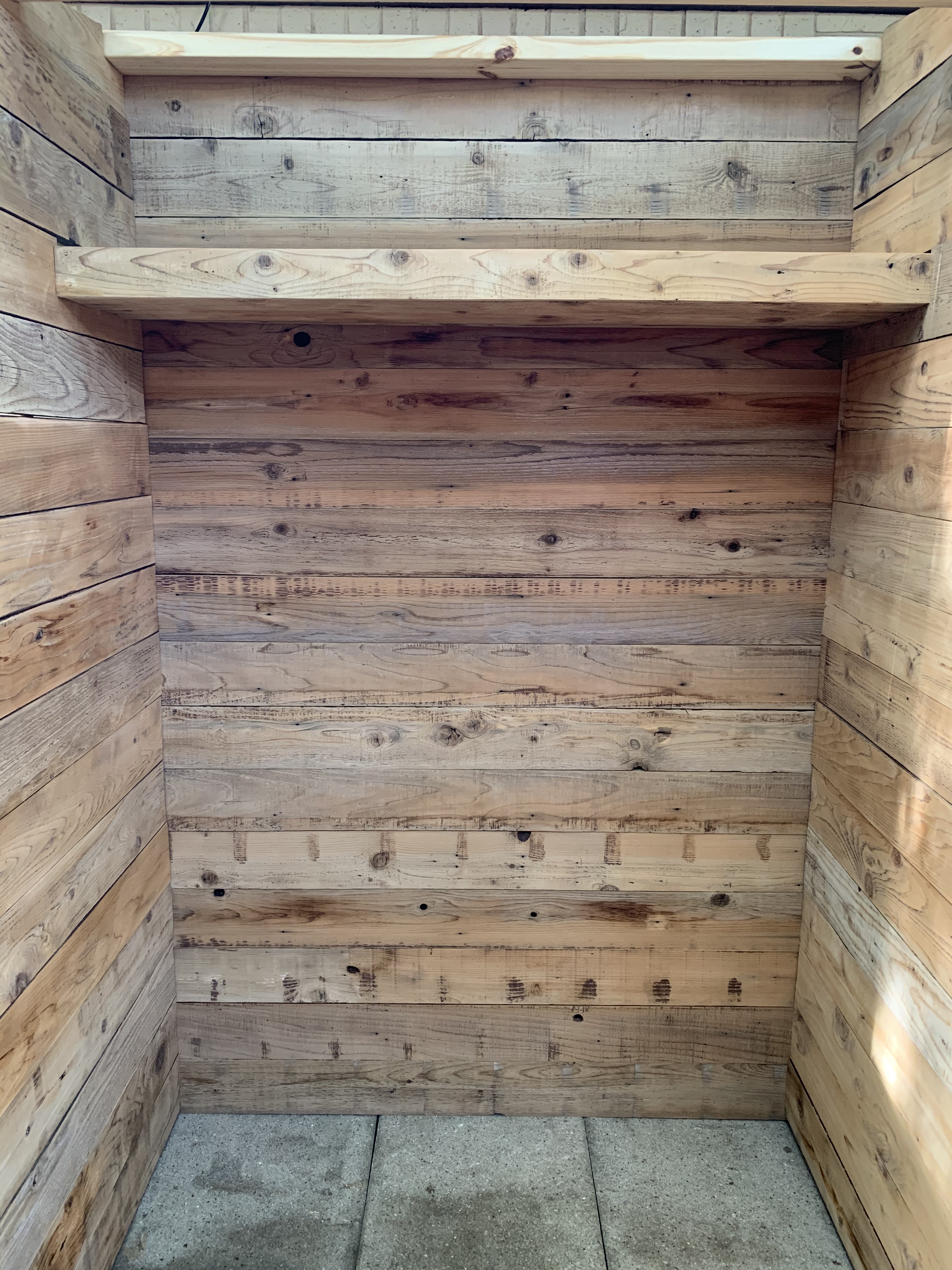Finished Clading the INside of the Tool Shed with Reclaimed Cedar